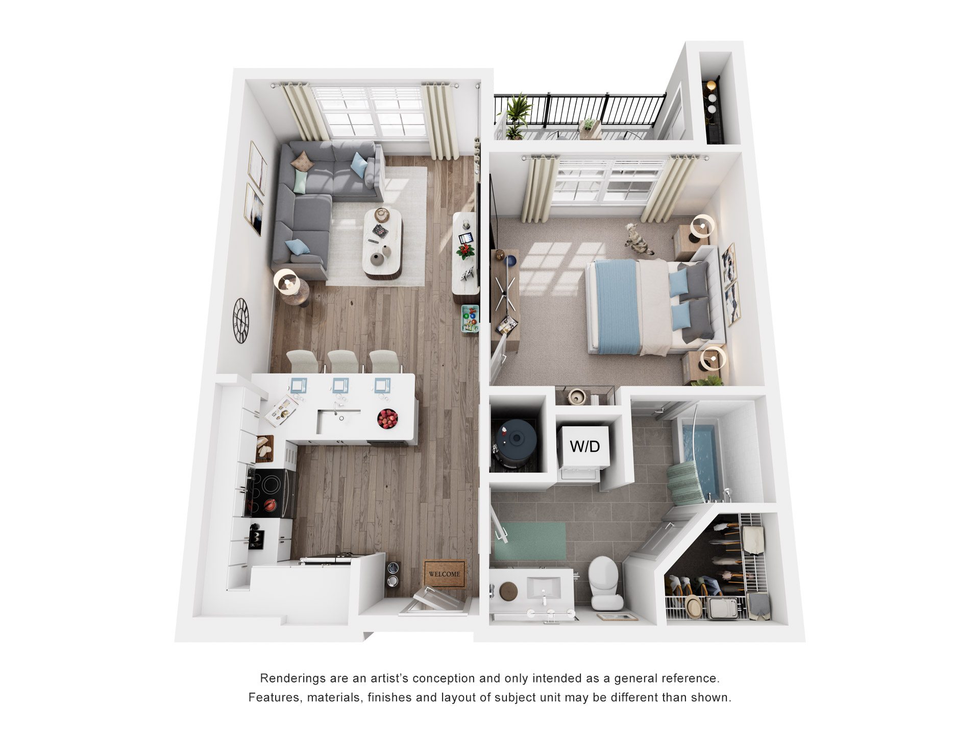 Floor plan for 1 bed, 1 bath, 629 sqft